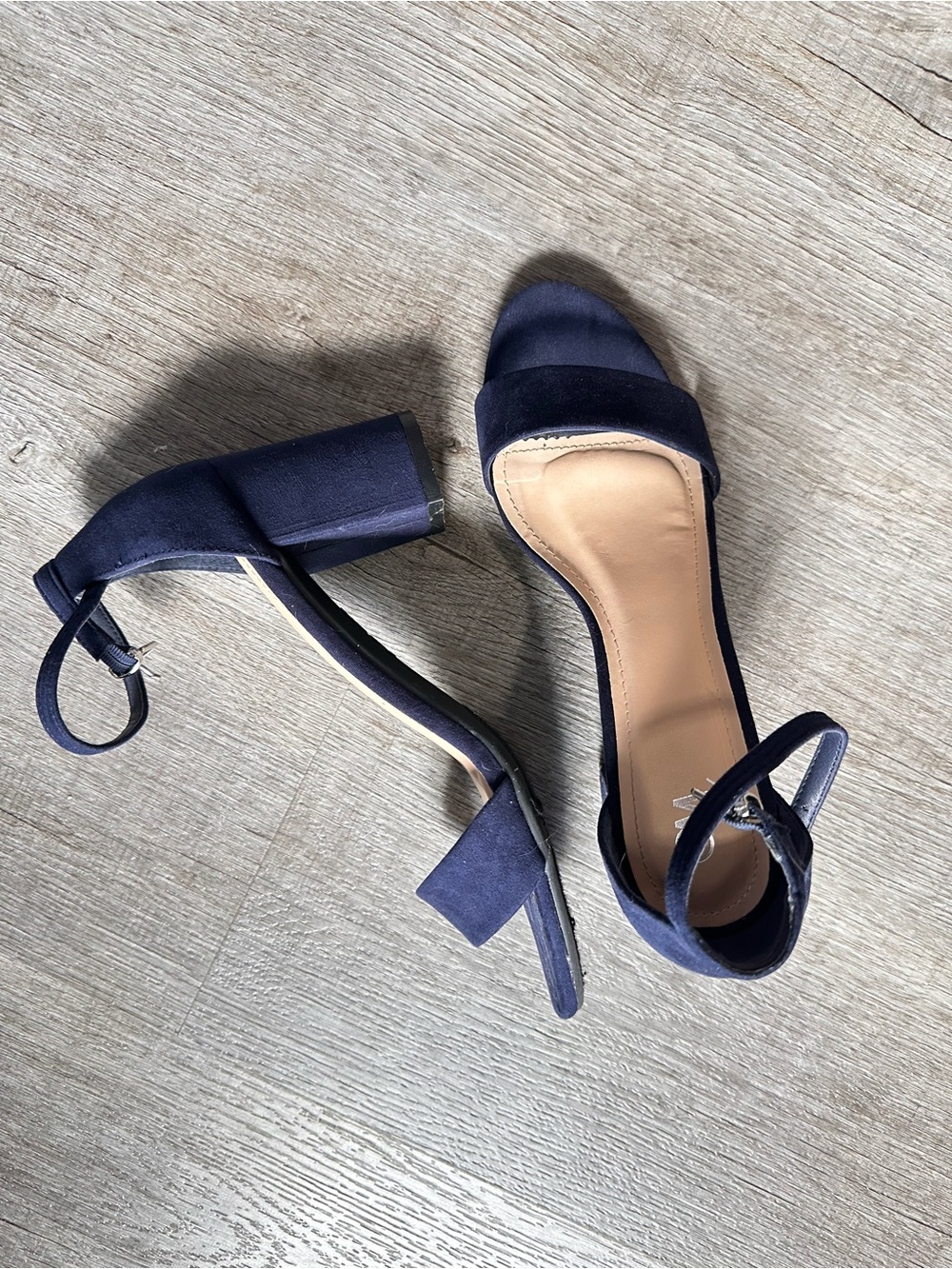 Navy Suede Block Heel Sandals with Ankle Strap